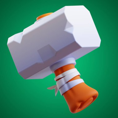 Eski tahta çekiç karikatürü ve oyun varlık simgesi izole edilmiş arkaplan 3D görüntüleme üzerine ayarlandı