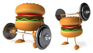 karikatür komik hamburger pozları beyaz izole arkaplan 3D görüntüleme