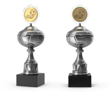 Beyaz izole edilmiş arka planda gümüş ve altın futbol şampiyonu dünya kupası.