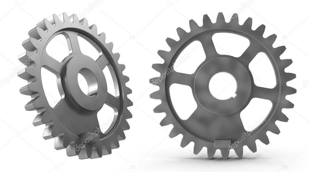 silver mechanical engineering gear component on white isolated background 3d rendering