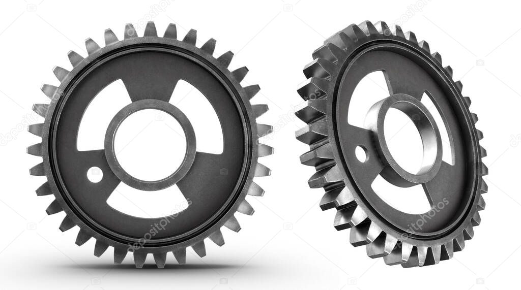 silver mechanical engineering gear component on white isolated background 3d rendering