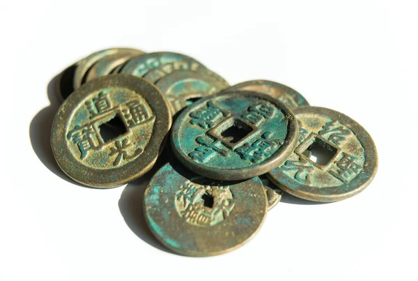 Many Ancient Bronze Chinese Coins White Background — 스톡 사진