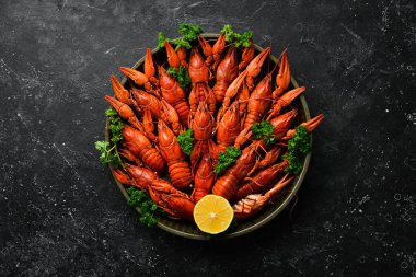 Metal bir kasede baharatlı ve otlu haşlanmış kırmızı kerevit. Üst Manzara. Düz yatıyordu.