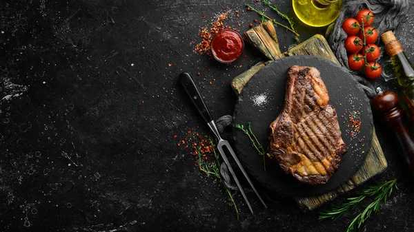 Grillezett Bordás Marhahús Fűszerek Fűszerek Szaftos Sült Steak Első Látásra — Stock Fotó