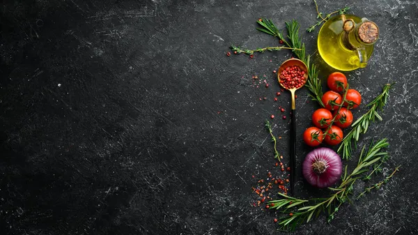 Чорний Камінь Приготування Їжі Спеції Овочі Вид Зверху Вільний Простір — стокове фото