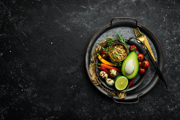 Spices Vegetables Herbs Metal Tray Food Background Top View Rustic — Stock Photo, Image