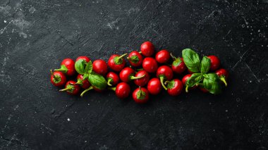 Baharatlı taze biber. Kırmızı biberlerin en üst görüntüsü. Metin için boş alan.