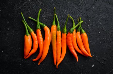 Baharatlı taze acı biber. Kırmızı biberlerin en üst görüntüsü. Metin için boş alan.