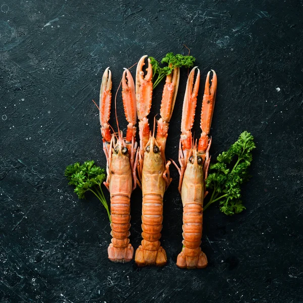 Langoustines Langoestine Een Zwarte Stenen Achtergrond Rauwe Scampi Bovenaanzicht Gratis — Stockfoto