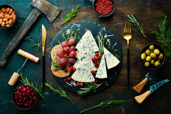 Blue Cheese Mold Plate Snacks Rustic Style Free Copy Space — Stock Photo, Image