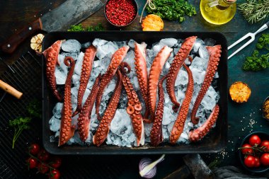 Buzdaki ahtapot dokunaçları. Deniz ürünleri. Üst Manzara. Düz yatıyordu.