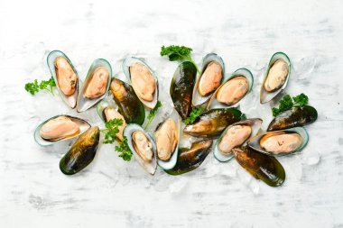 Çiğ yeşil büyük midyeler ve buzlu baharatlar. Midyeler akşam yemeği için hazır. Metin için boş alan.