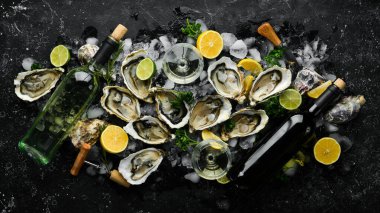 Karanlık bir mutfak masasında bir şişe yıllanmış şarap ve taze istiridye. Deniz ürünleri. Üst Manzara. Düz yatıyordu.