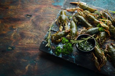 Yaşayan Avrupalı kerevitler. Pişmemiş taze çiğ kerevit pişirmeye hazır. Metnin için boş yer. Üst Manzara. Düz yatıyordu.