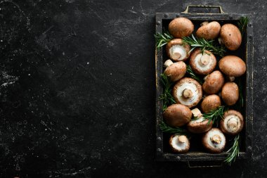 Mantarlar. Tahta bir kutuda kraliyet şampiyonu mantarları. Kırsal tarzda. Üst görünüm.