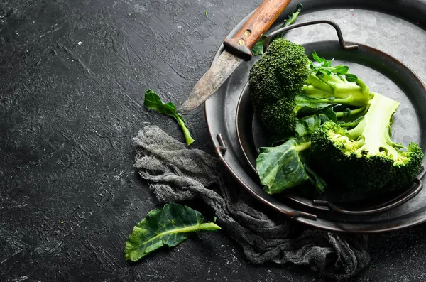 Broccoli Bolliti Vassoio Metallo Alimentazione Sana Vegetariana Vista Dall Alto — Foto Stock