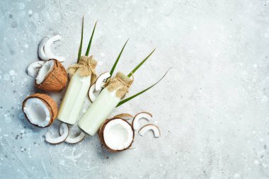 Küçük bir şişede hindistan cevizi sütü. Sağlıklı beslenme. Sütsüz süt yerine. Üst görünüm.