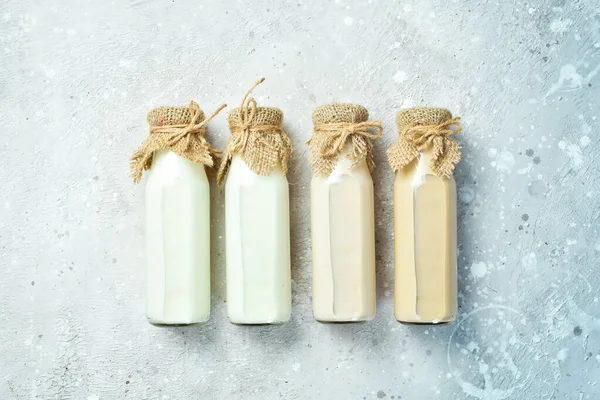 Milk Set Vegan Lactose Free Milk Bottles Stone Background Top — Foto de Stock