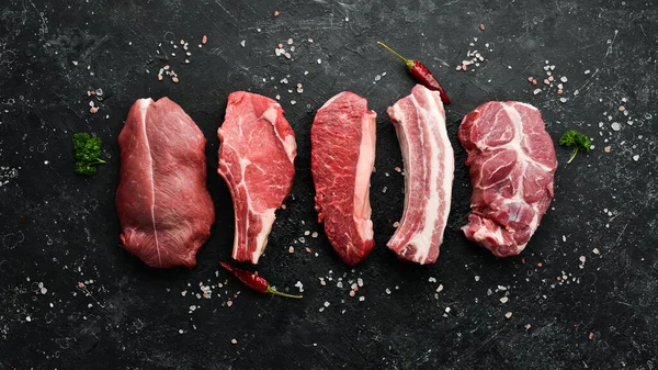 Velký Prapor Sada Steaků Hovězí Vepřové Horní Pohled Menu Pro — Stock fotografie