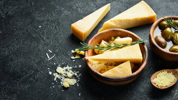 Dairy Products Parmesan Cheese Olives Snacks Stone Table Top View — Stok fotoğraf