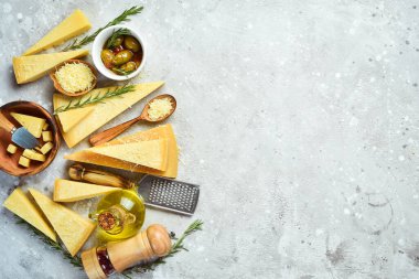 Cheese banner. Set of pieces of hard cheese. Top view. On a gray stone background.