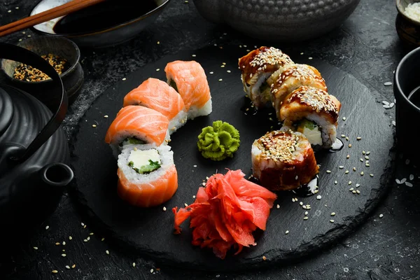 Sushi Rolls Stone Plate Close Japanese Food — Stock Photo, Image