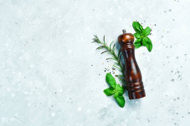 Gri taşlı arka planda baharat fabrikaları. Baharatlar. Üst Manzara. Metin için boş alan.