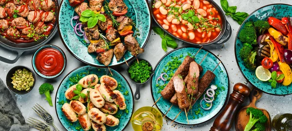 Fundo Alimentar Conjunto Cozinha Tradicional Turca Oriental Conjunto Pratos Carne — Fotografia de Stock