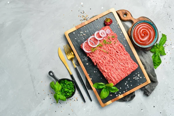 Vlees Verse Gemalen Gehakt Een Bord Bereiding Van Koteletten Bovenaanzicht — Stockfoto