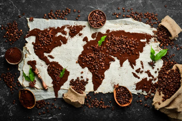 Chicchi Caffè Aromatici Set Chicchi Caffè Forma Mappa Del Mondo — Foto Stock