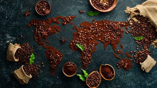 Chicchi Caffè Aromatici Set Chicchi Caffè Forma Mappa Del Mondo — Foto Stock