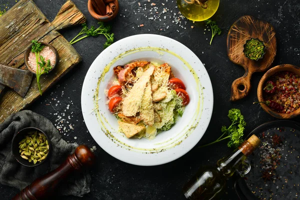 Caesar Salat Mit Huhn Und Speck Ansicht Von Oben Auf — Stockfoto