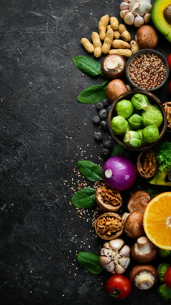 Πανό Υγιεινής Διατροφής Σετ Φρούτα Λαχανικά Ξηρούς Καρπούς Μανιτάρια Και — Φωτογραφία Αρχείου