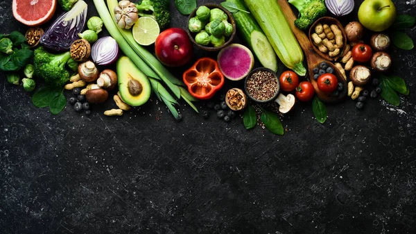 Bandiera Del Cibo Sano Set Frutta Verdura Noci Funghi Bacche — Foto Stock