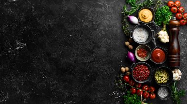Yemek pişirme geçmişi. Baharat ve sebze. Üst Manzara. Metnin için boş yer.