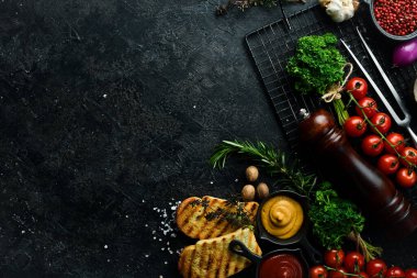 Yemek pişirme geçmişi. Baharat ve sebze. Üst Manzara. Metnin için boş yer.