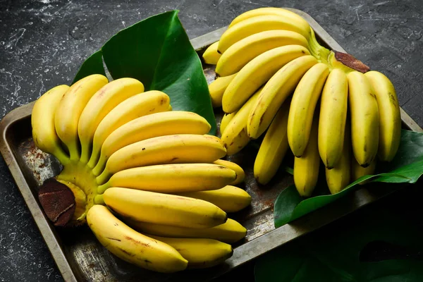 Kis Trópusi Banán Egy Banánkészlet Fekete Alapon Szabad Másolási Hely — Stock Fotó