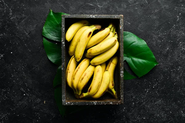 Banano Bebé Set Plátanos Una Caja Madera Vista Superior Espacio —  Fotos de Stock