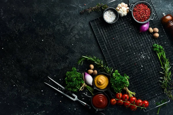 Bakgrund Matlagning Kryddor Och Grönsaker Högst Upp Gratis Utrymme För — Stockfoto