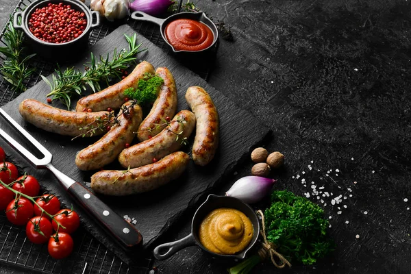 Juicy Grilled Sausages Turkey Meat Barbecue Black Stone Background — Stock Photo, Image