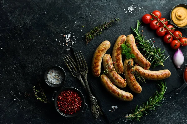 Juicy Grilled Sausages Turkey Meat Barbecue Black Stone Background — Stock Photo, Image
