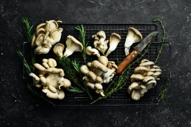 Organic Maitake Mushrooms on the table. on a black stone table. Top view. clipart