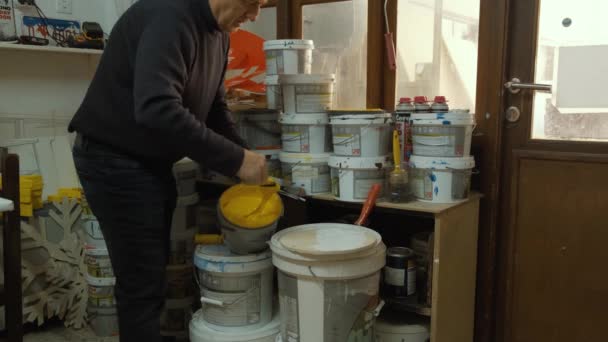 Talented Artist Working on Abstract Painting, Uses Paint Big Brush — Vídeo de Stock