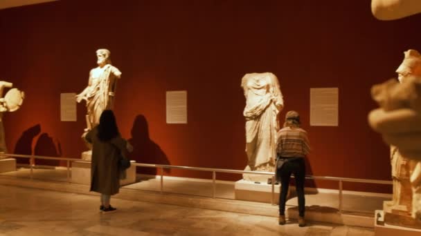 Menschen betrachten die antiken Skulpturen — Stockvideo