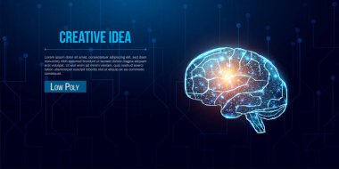 İnsan beyni. Kablo çerçevesi düşük polimerli. Parlayan düşük polimer beyinli iş fikri. Koyu mavi arkaplanda soyut 3d vektör çizimi. 