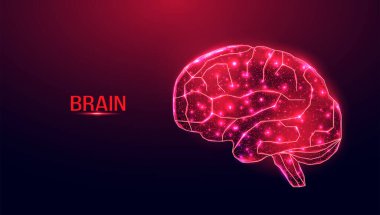 İnsan beyni. Kablo çerçevesi düşük polimerli. Tıbbi konsept, beyin kanseri, sinir ağı. Koyu mavi arkaplanda soyut 3d vektör çizimi. 