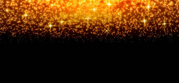 Puntos dorados brillantes, destellos, partículas y estrellas sobre un fondo negro. Efecto de luz abstracto. Puntos luminosos dorados. Ilustración vectorial. — Vector de stock