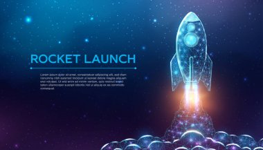 Roket fırlatma, kablo çerçeveli çokgen stili. İnternet teknolojisi ağı, parlayan düşük polimerli iş kurma konsepti. Fütürist modern soyut arka plan. Vektör illüstrasyonu.