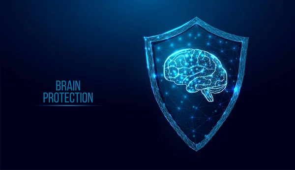 Lidský Mozek Ochranném Štítu Koncept Kybernetické Bezpečnosti Zářícím Nízkým Poly — Stockový vektor