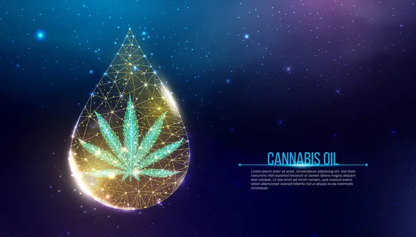 Kenevir yağı konsepti. Yağ damlasında düşük miktarda kenevir. Marihuana yaprağı kablosuz ışık bağlantısı yapısı, çokgen grafik. Vektör illüstrasyonu.